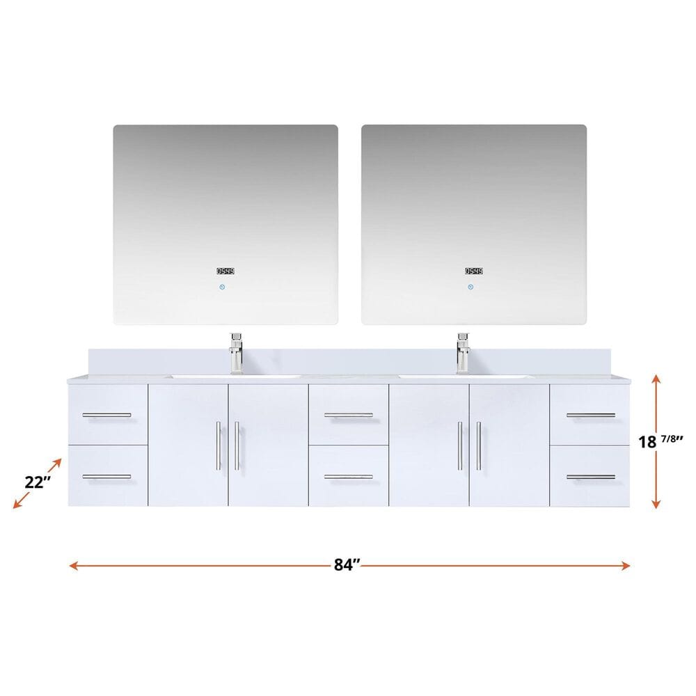 Lexora Home Geneva 84&quot; Double Bathroom Vanity in Glossy White with 2 cm White Quartz Top and Rectangular Sinks, , large