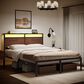 HOMLUX Full Platform Bed with LED Headboard in Rustic Brown, , large