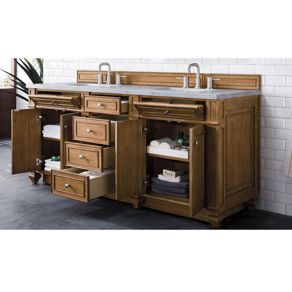 James Martin Vanities Bristol 72&quot; Double Bathroom Vanity in Saddle Brown with 3 cm Carrara White Marble Top and Rectangular Sinks, , large