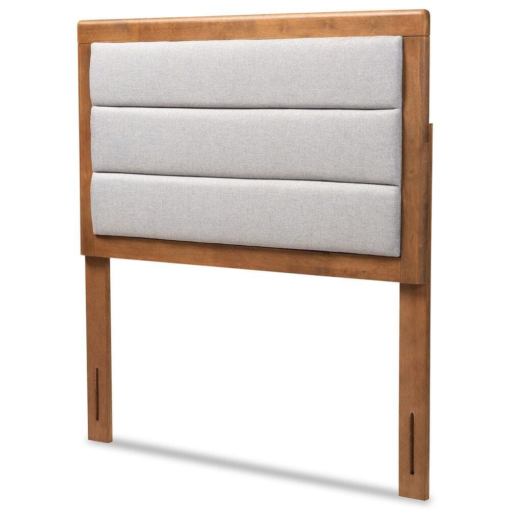 Baxton Studio Dexter Twin Panel Headboard with Light Grey Fabric in Walnut Brown, , large