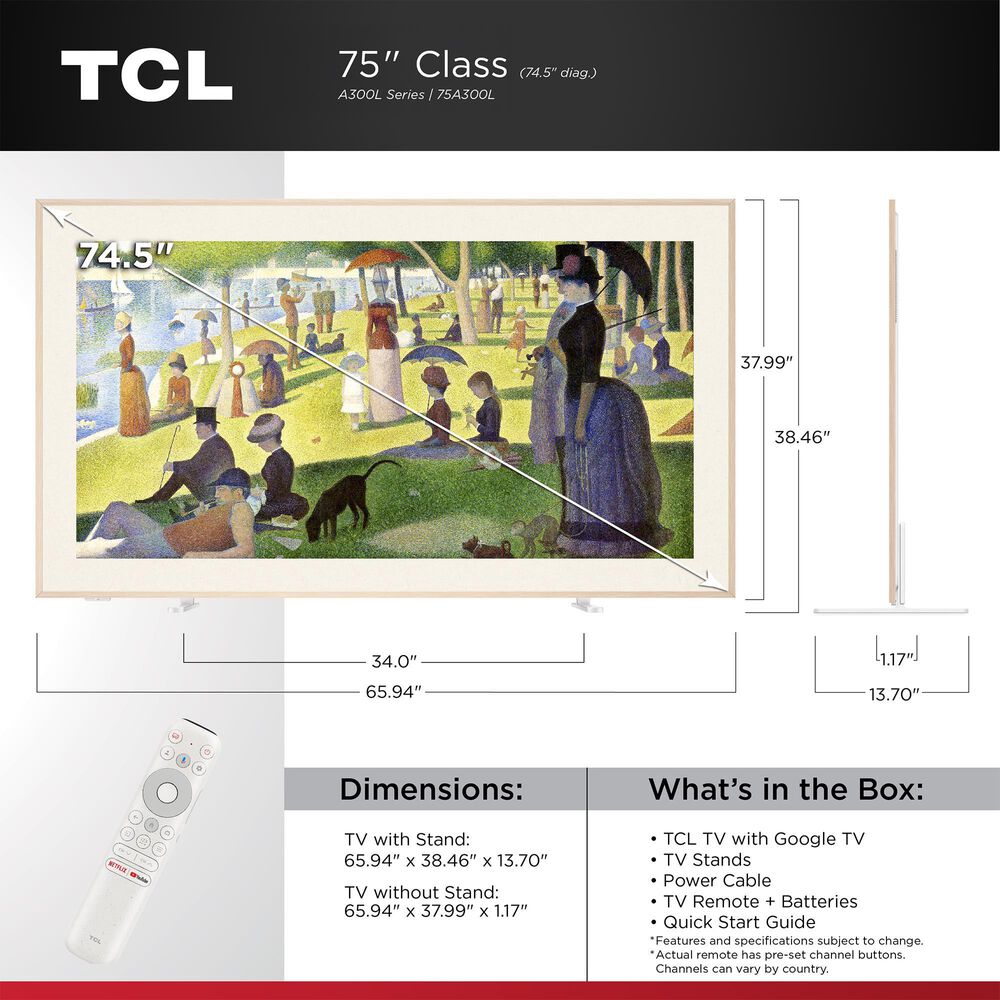 TCL 75" Class A300L Series 4K NXTVISION QLED in Black - Smart TV, , large
