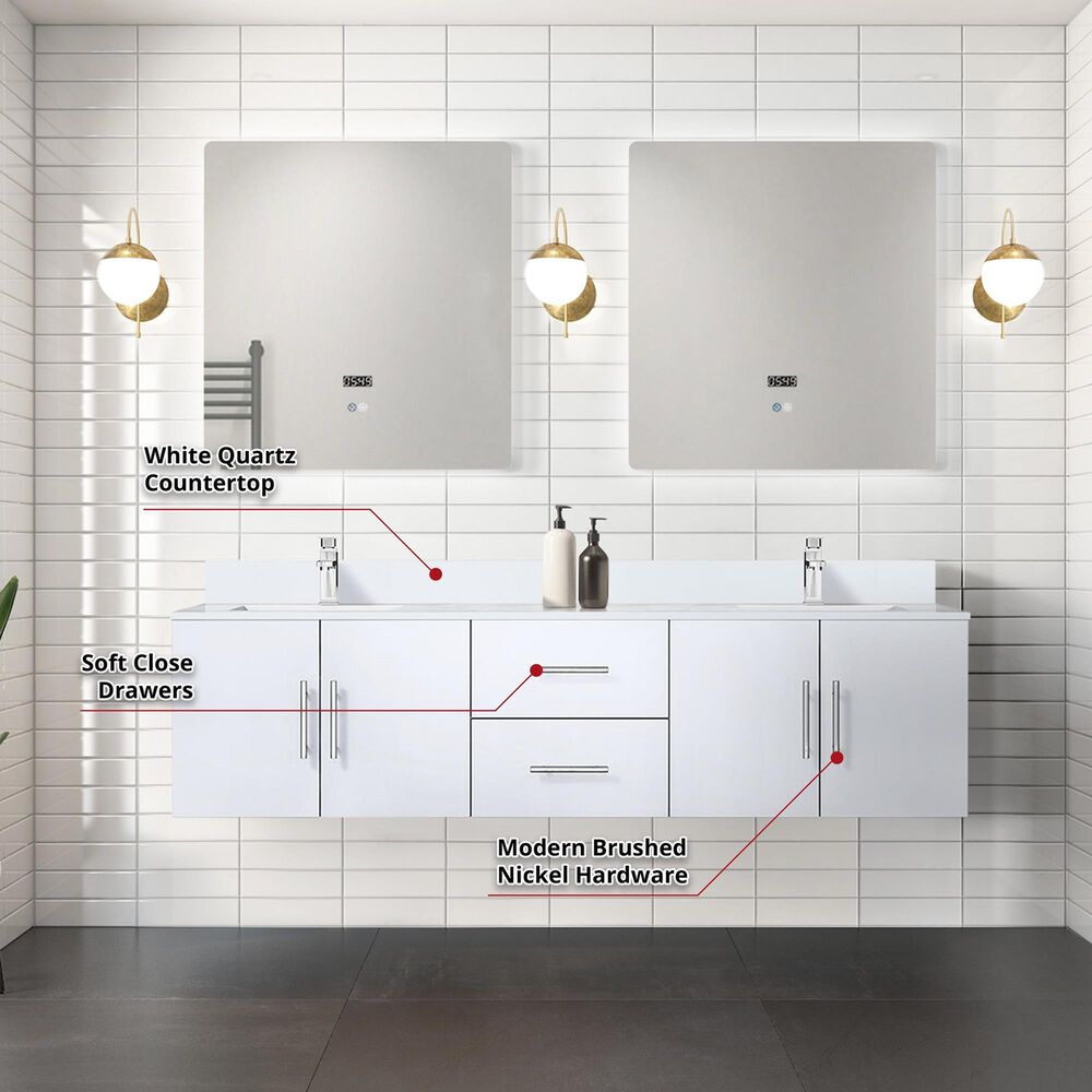 Lexora Home Geneva 72&quot; Double Bathroom Vanity in Glossy White with 2 cm White Quartz Top and Rectangular Sinks, , large
