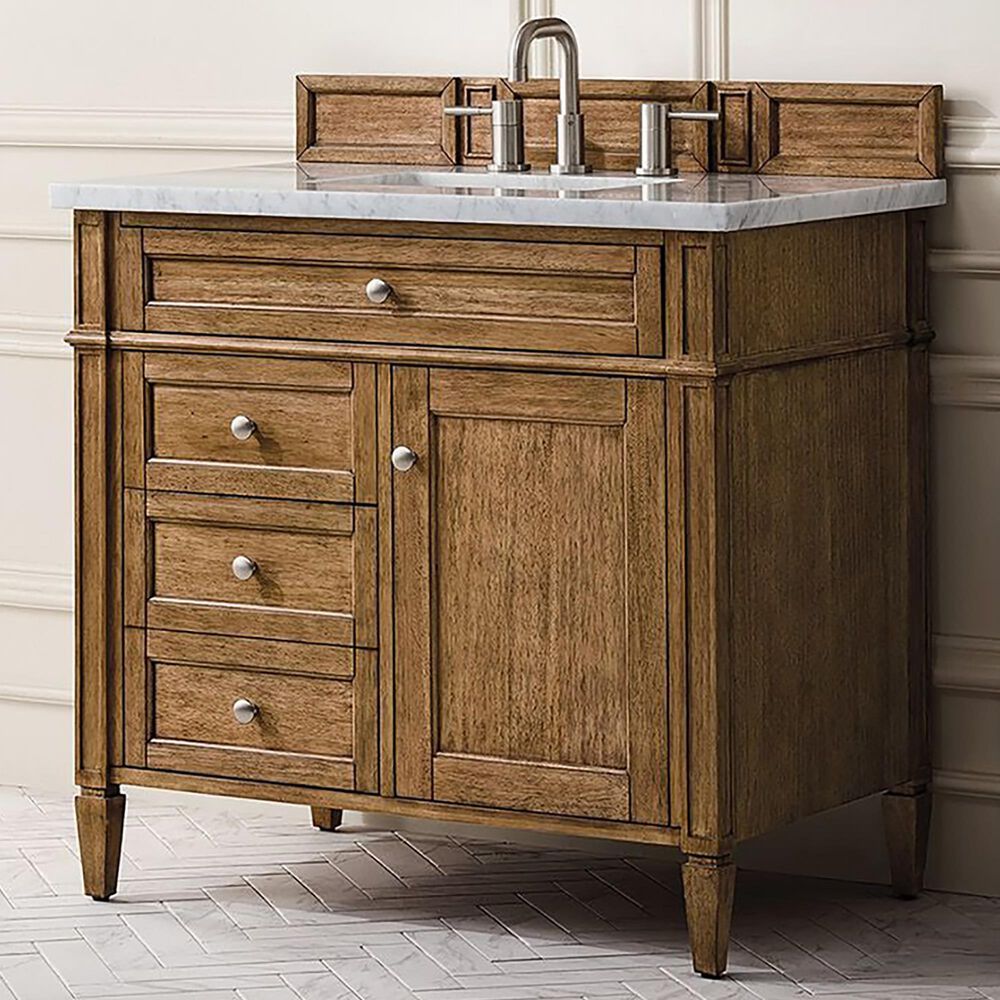 James Martin Vanities Brittany 36" Single Bathroom Vanity in Saddle Brown with 3 cm Eternal Jasmine Pearl Quartz Top and Rectangular Sink, , large