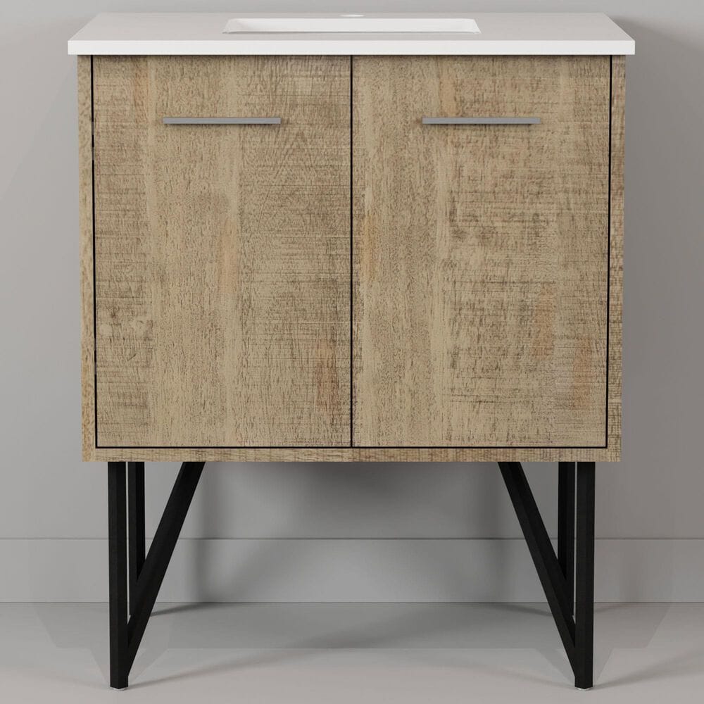 Lexora Home Lancy 30&quot; Single Bathroom Vanity in Rustic Acacia with 2 cm White Quartz Top and Rectangular Sink, , large
