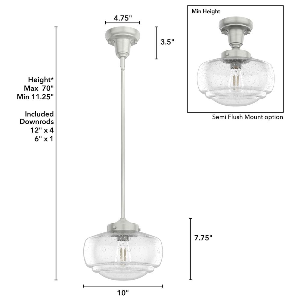 Hunter Saddle Creek 10&quot; 1-Light Pendant with Clear Seeded Shade in Brushed Nickel, , large