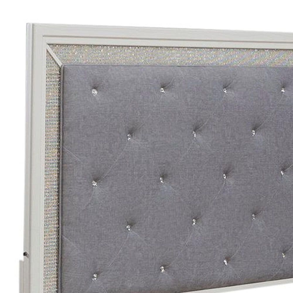Belle Furnishings Reflections Queen Panel Bed with Gray Upholstered in Pearl White and Rhinestone, , large