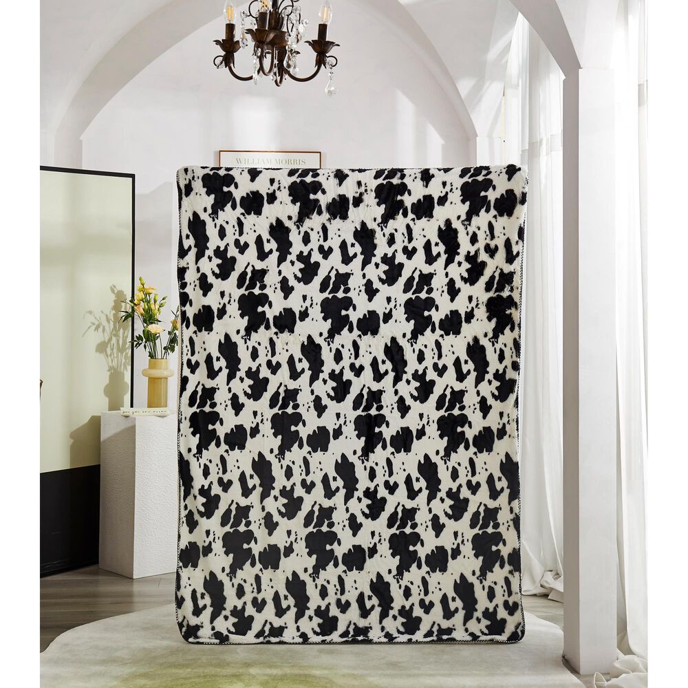 Duke Imports Cow Skin Sherpa Mink Plush Throw in Black and White, , large