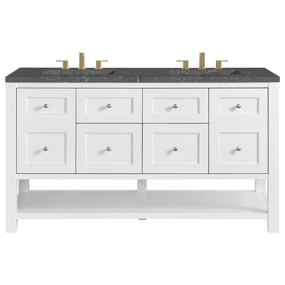 James Martin Vanities Breckenridge 60" Double Bathroom Vanity in Bright White with 3 cm Parisien Bleu Quartz Top and Rectangular Sinks, , large