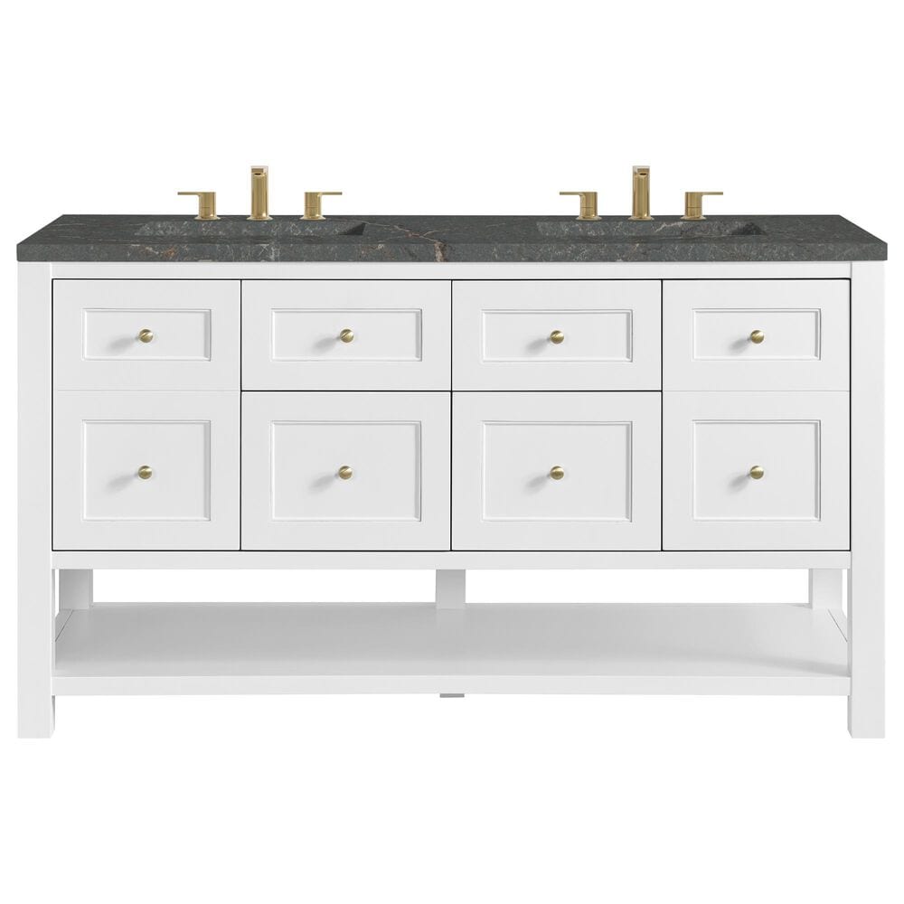 James Martin Vanities Breckenridge 60" Double Bathroom Vanity in Bright White with 3 cm Parisien Bleu Quartz Top and Rectangular Sinks, , large