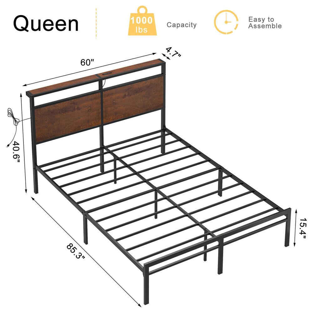 HOMLUX Vintage Queen Platform Bed with Storage LED Headboard in Rustic Brown, , large