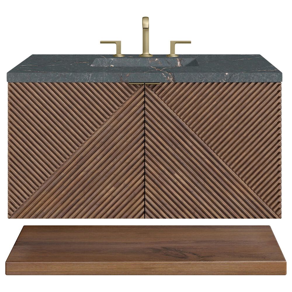 James Martin Vanities Marcello 36" Wall Mounted Single Bathroom Vanity in Chestnut with 3 cm Parisien Bleu Quartz Top and Rectangular Sink, , large