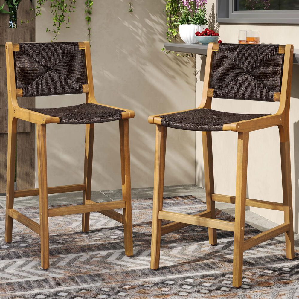 Hearth and Haven Outdoor Armless Barstool with Light Teak Frame in Dark Brown (Set of 2), , large