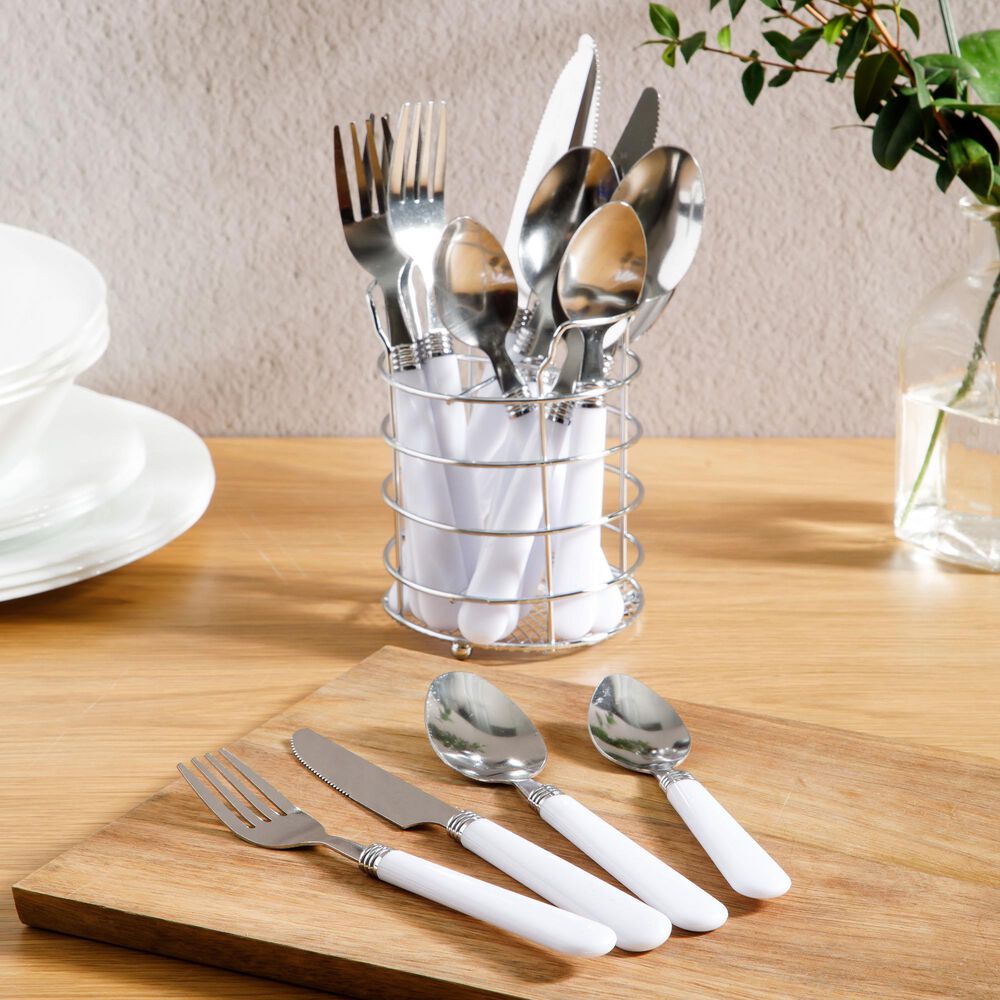 Gibson Homewares Sensations II 16-Piece Flatware Set with Chrome Wire Caddy in White, , large