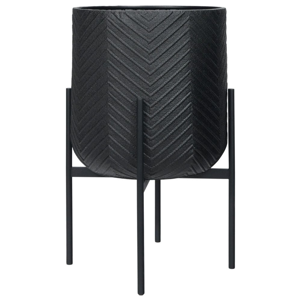 Creative Coop Round Planter with Chevron Pattern on Stand in Black, , large