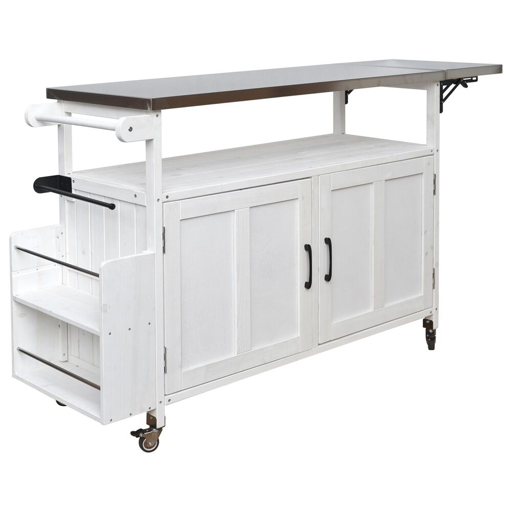 Hearth and Haven Outdoor Kitchen Island Cart with Adjustable Shelves and Stainless Steel Top in White, , large