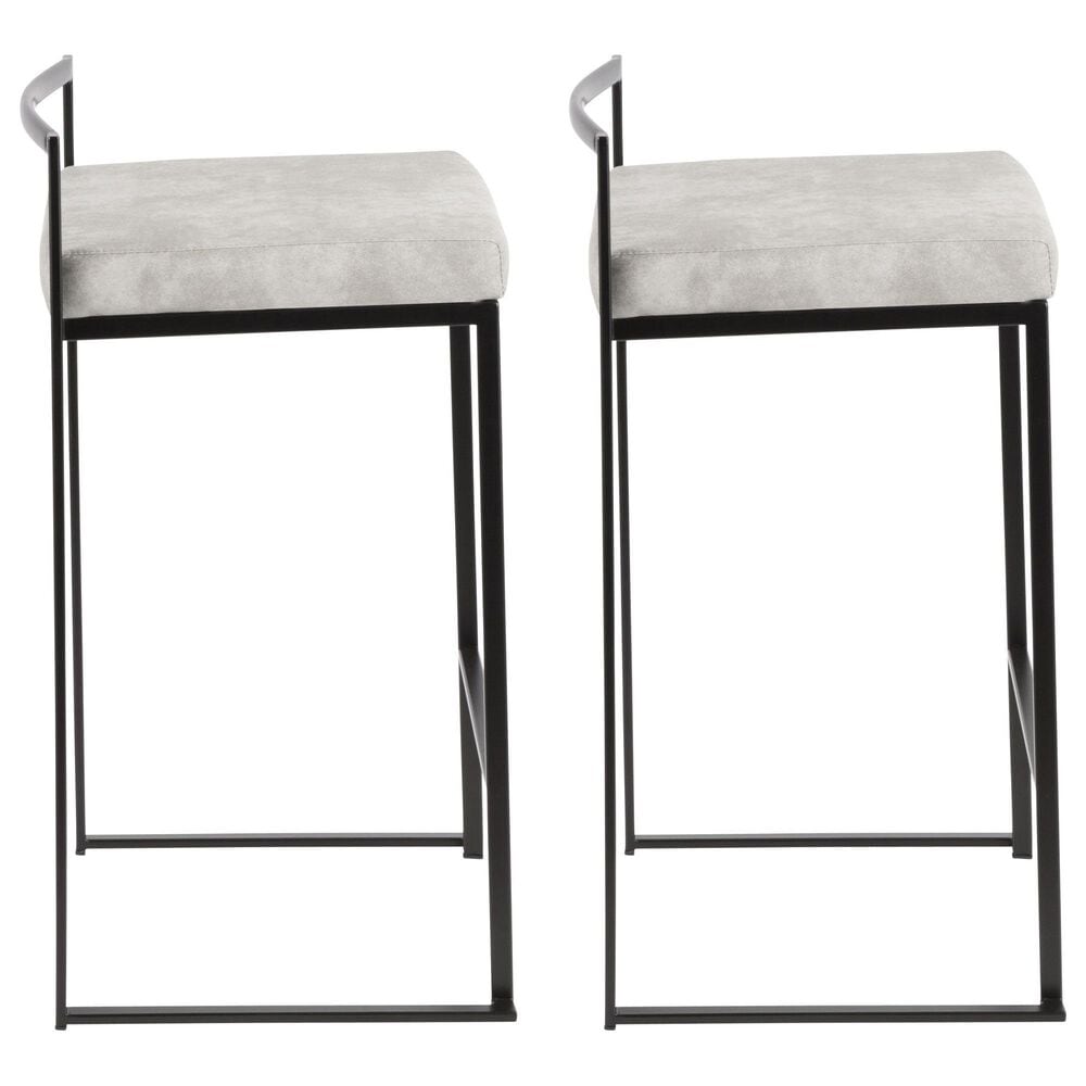 LumiSource Fuji 26" Stacker Counter Stool with Light Grey Cowboy Upholstery in Black (Set of 2), , large