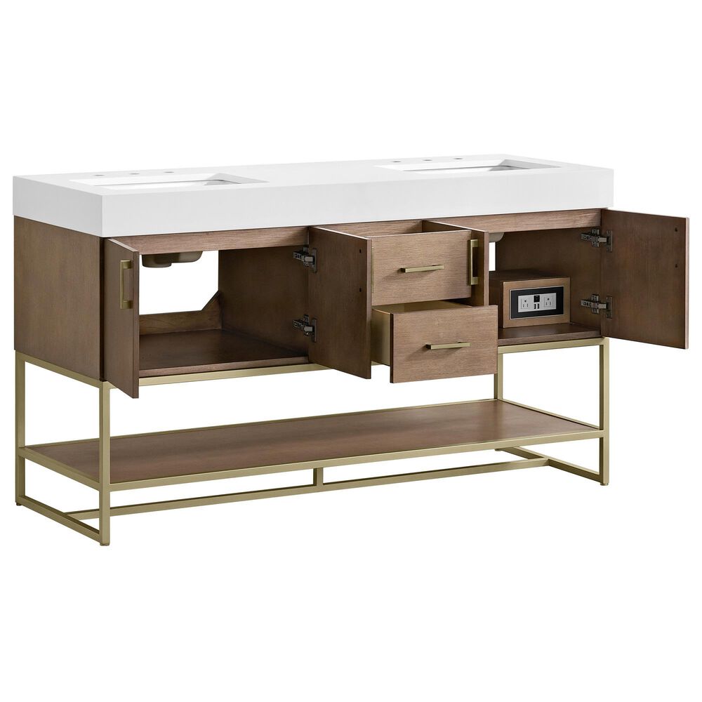 37B Mauri 60" Double Bathroom Vanity with Metal Base in Walnut Drift with High-Profile 4" White Composite Stone Top, , large