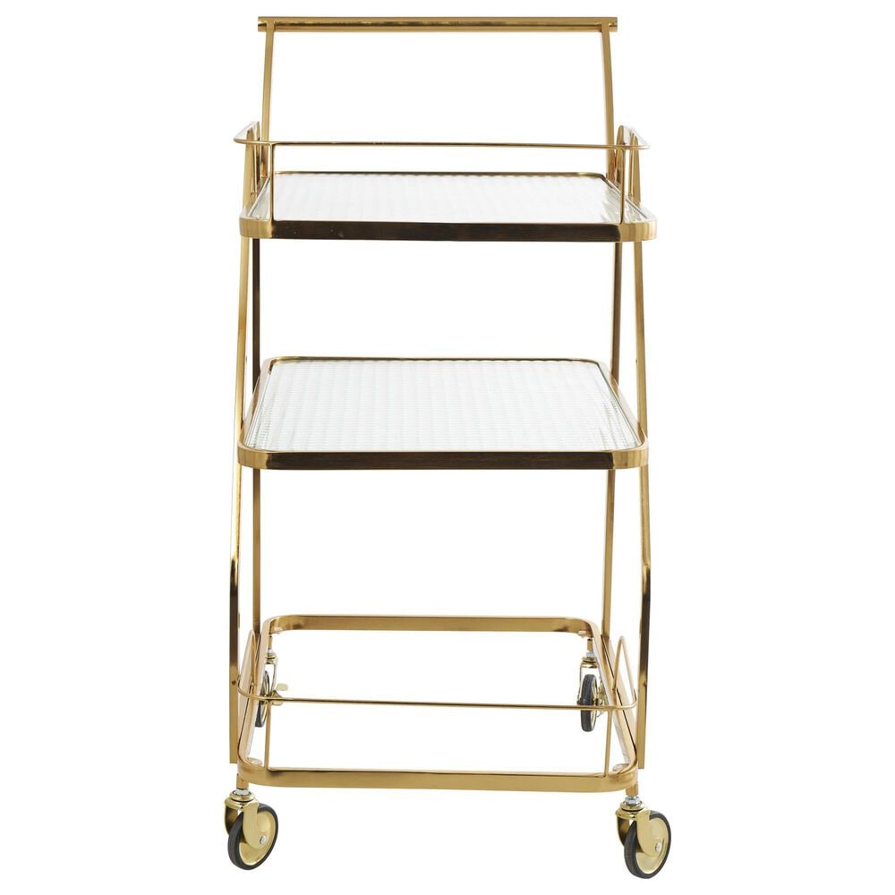 Maple and Jade 3-Shelf Bar Cart with Side Guards and Handle in Polished Gold and Transparent, , large