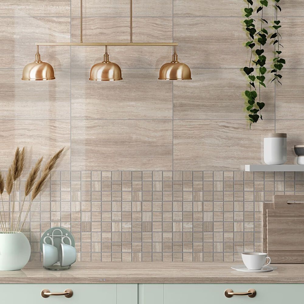 Soho Studio Zenit Beige 12" x 24" Travertine Look Polished Porcelain Tile, , large