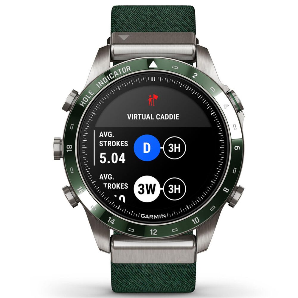 Garmin MARQ 2 Golfer AMOLED Smartwatch Silver Grade 5 Titanium Bezel Case with Green Nylon Band, , large