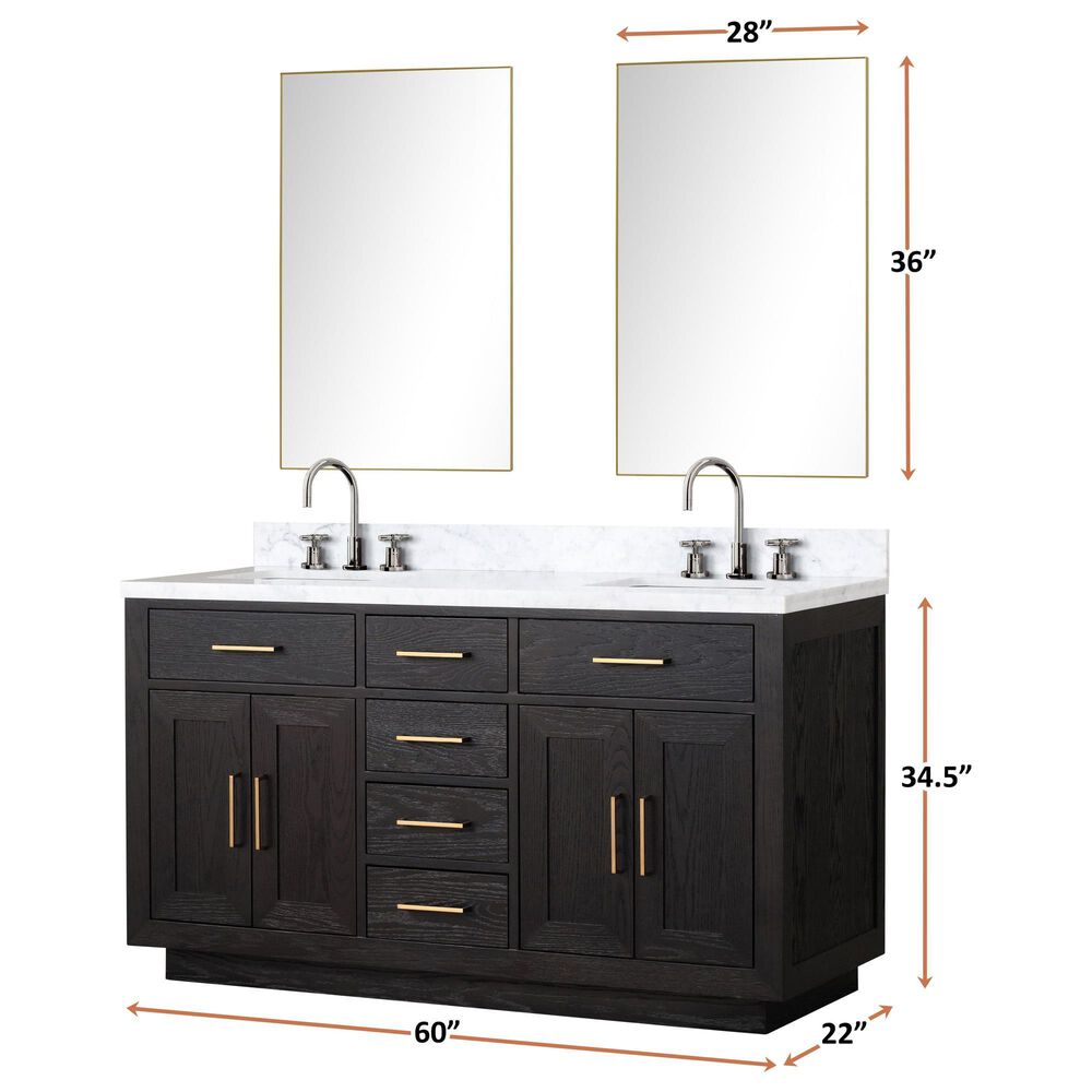 Lexora Home Abbey 60&quot; Double Bathroom Vanity in Black Oak with 2 cm White Carrara Marble Top, Rectangular Sinks and 28&quot; Mirrors, , large