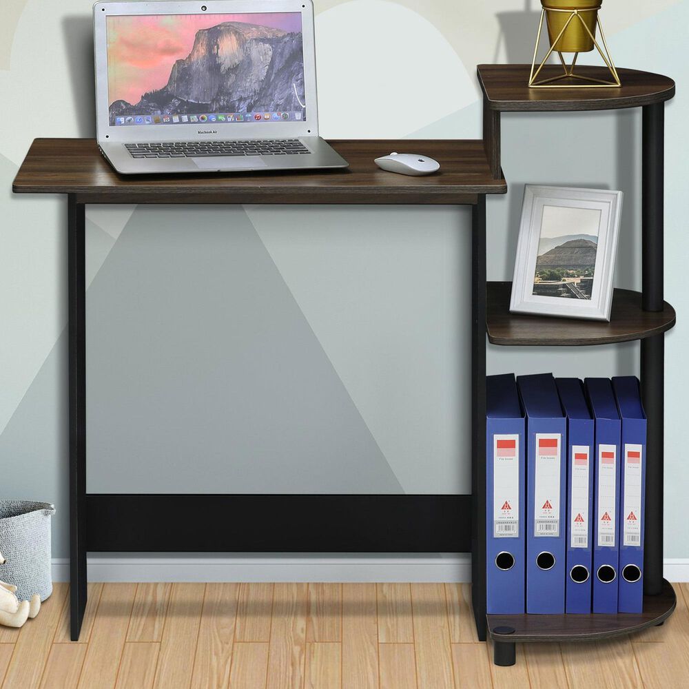 HOMLUX Compact Computer Desk with 3 Side Storage Shelves in Columbia Walnut and Black, , large