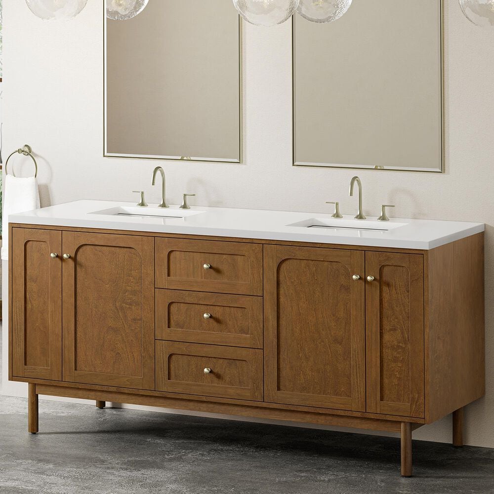 James Martin Laurent 72" Double Bathroom Vanity in Honey Oak with 3 cm White Zeus Silestone Top and Rectangular Sinks, , large