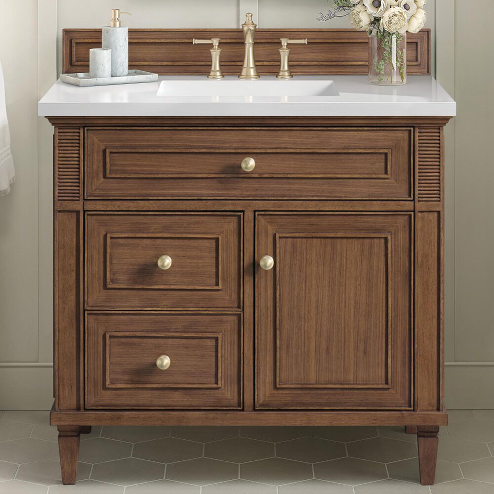 James Martin Vanities Lorelai 36&quot; Single Vanity in Mid-Century Walnut with 3 CM White Zeus Quartz Top, , large