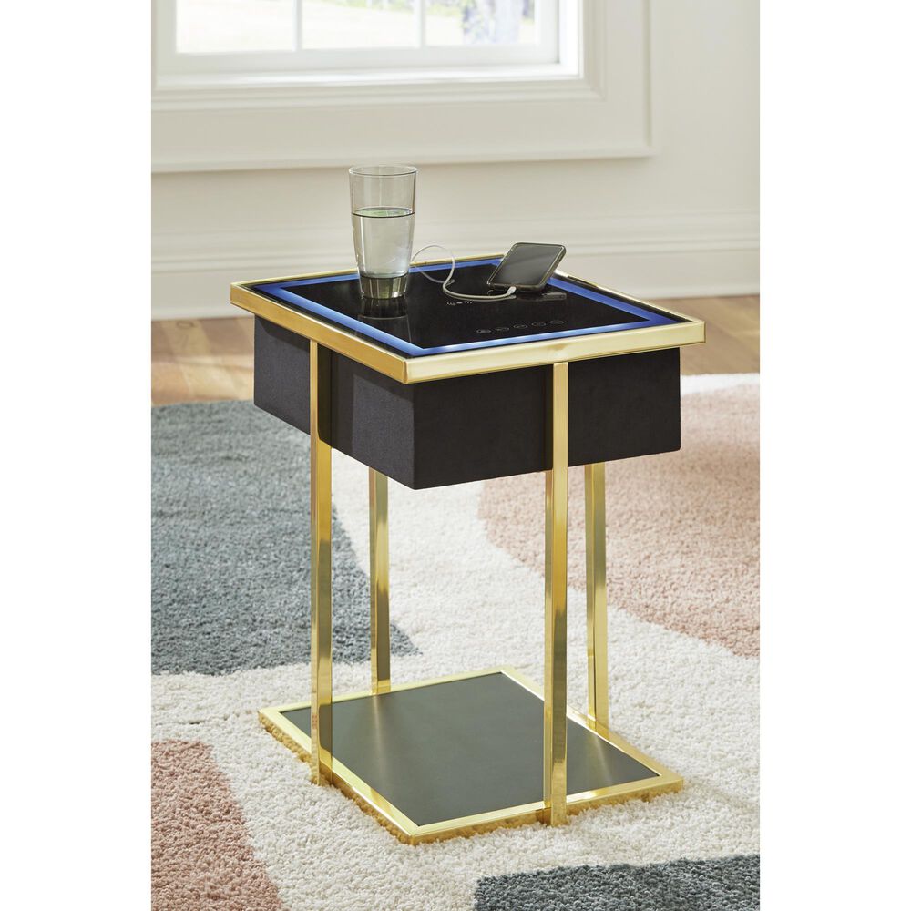 Ashley Rexwell Accent End Table with Speaker in Black and Gold, , large