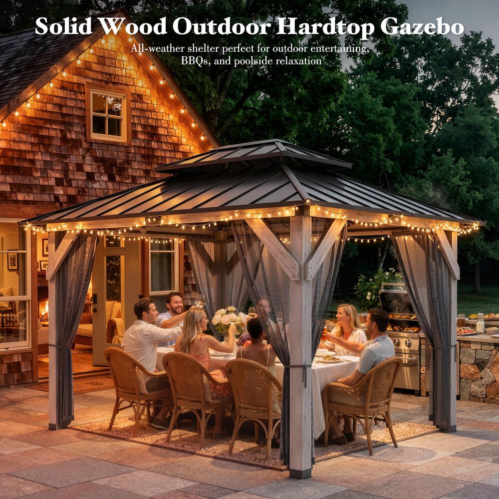 HOMLUX 10' x 12' Patio Hardtop Gazebo with Wood Posts in Light Gray, , large