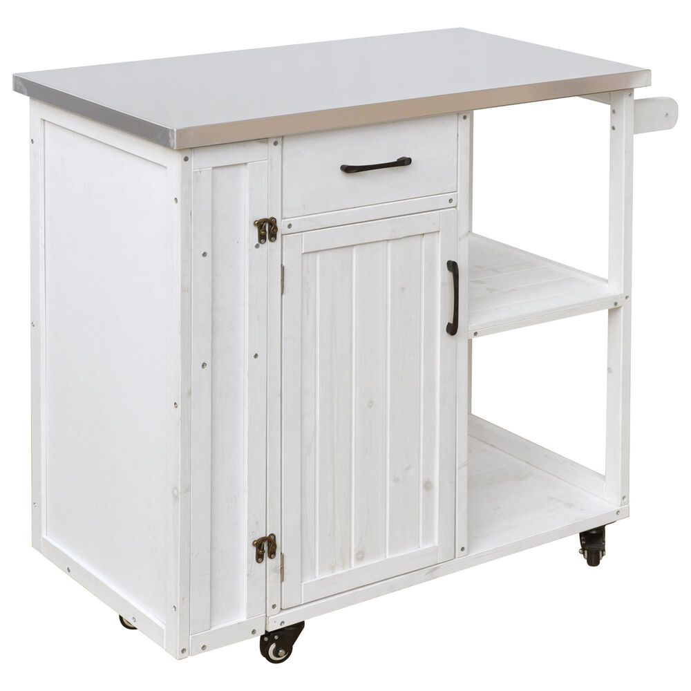 Hearth and Haven Outdoor Kitchen Island Cart with Stainless Steel Top, Towel and Spice Racks in White, , large