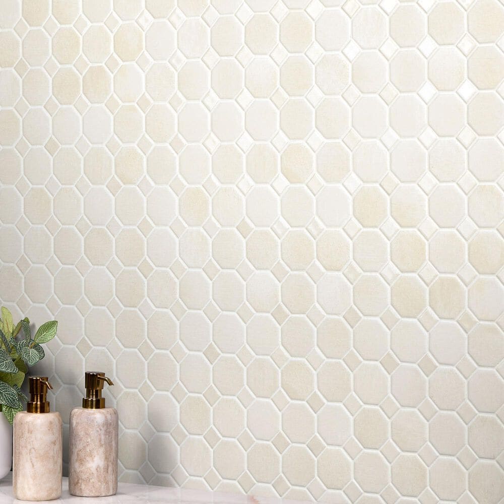Dal-Tile Relicca Pristine 12" x 12" Octagon Dot Ceramic Mosaic Sheet, , large