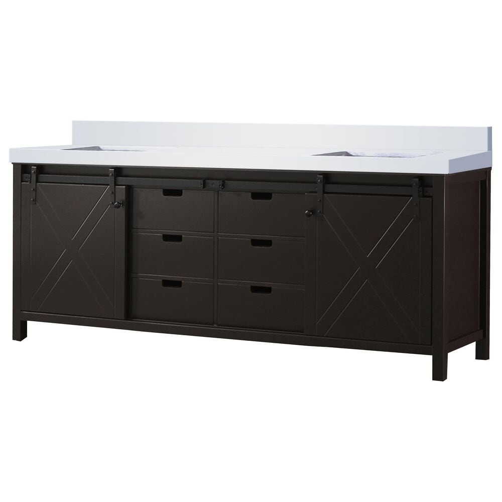 Lexora Home Marsyas 84" Double Bathroom Vanity in Brown with 2 cm White Cultured Marble Top and Rectangular Sinks, , large