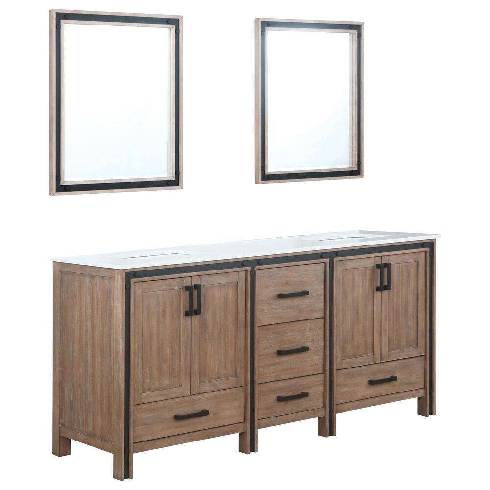 Lexora Home Ziva 72" Double Bathroom Vanity in Rustic Barnwood with White Cultured Marble Top, Rectangle Sinks and Mirrors, , large