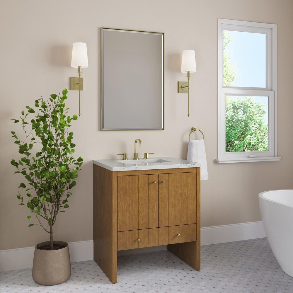 James Martin Hudson 30" Single Bathroom Vanity in Honey Oak with 3 cm Ethereal Noctis Silestone Top and Rectangular Sink, , large