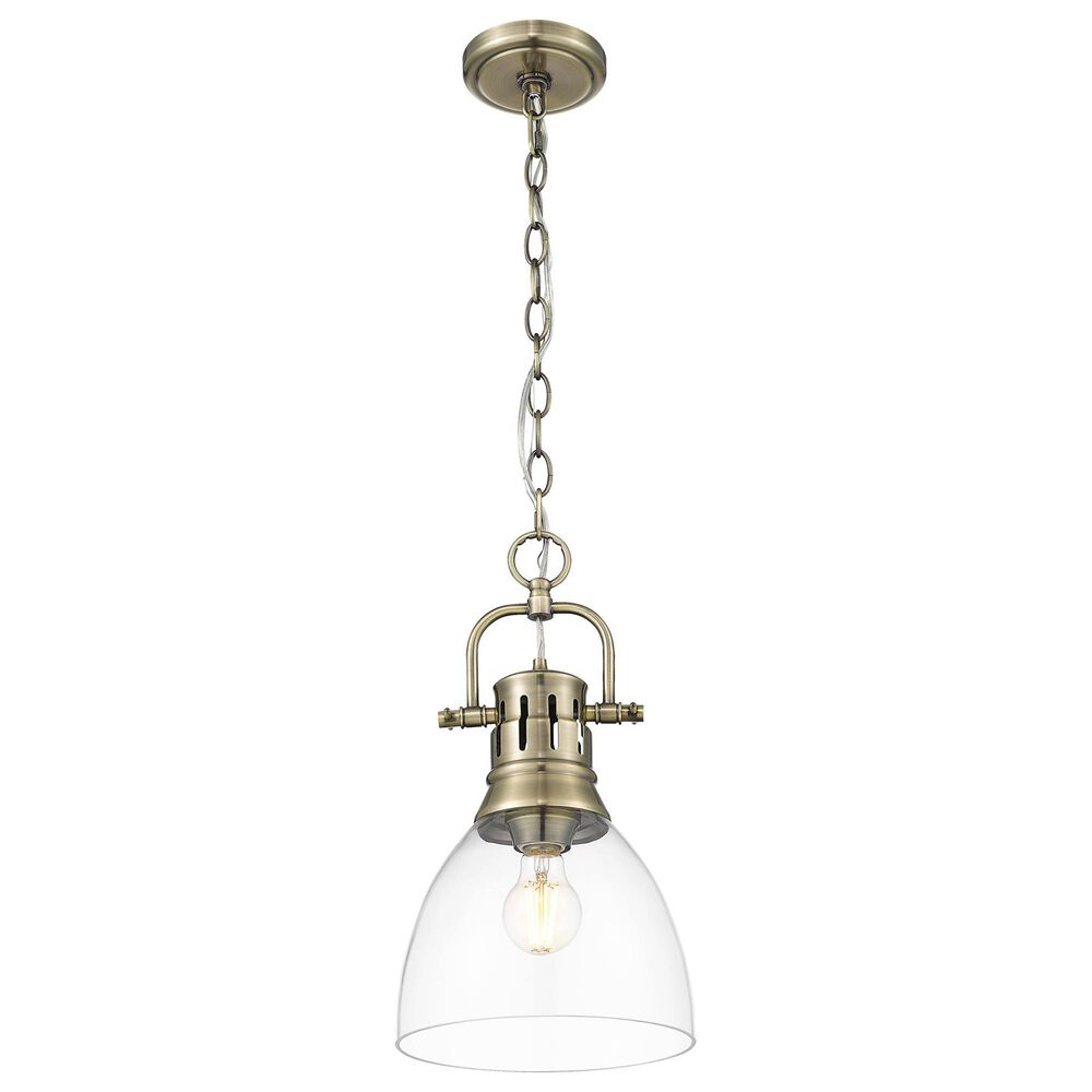 Golden Lighting Duncan 1-Light Small Pendant with Chain and Clear Shade in Aged Brass, , large