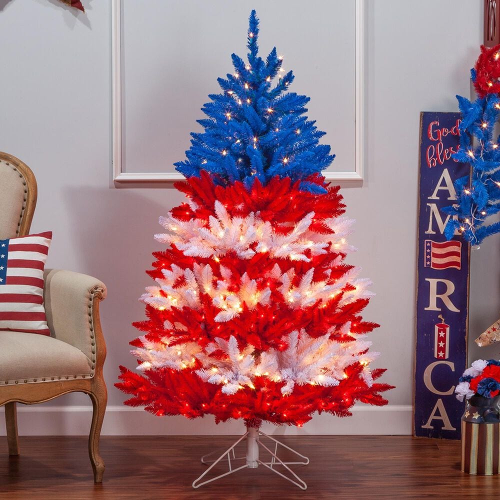 The Gerson Company 5&#39; Patriotic American Tree with White Light in Red, White and Blue, , large