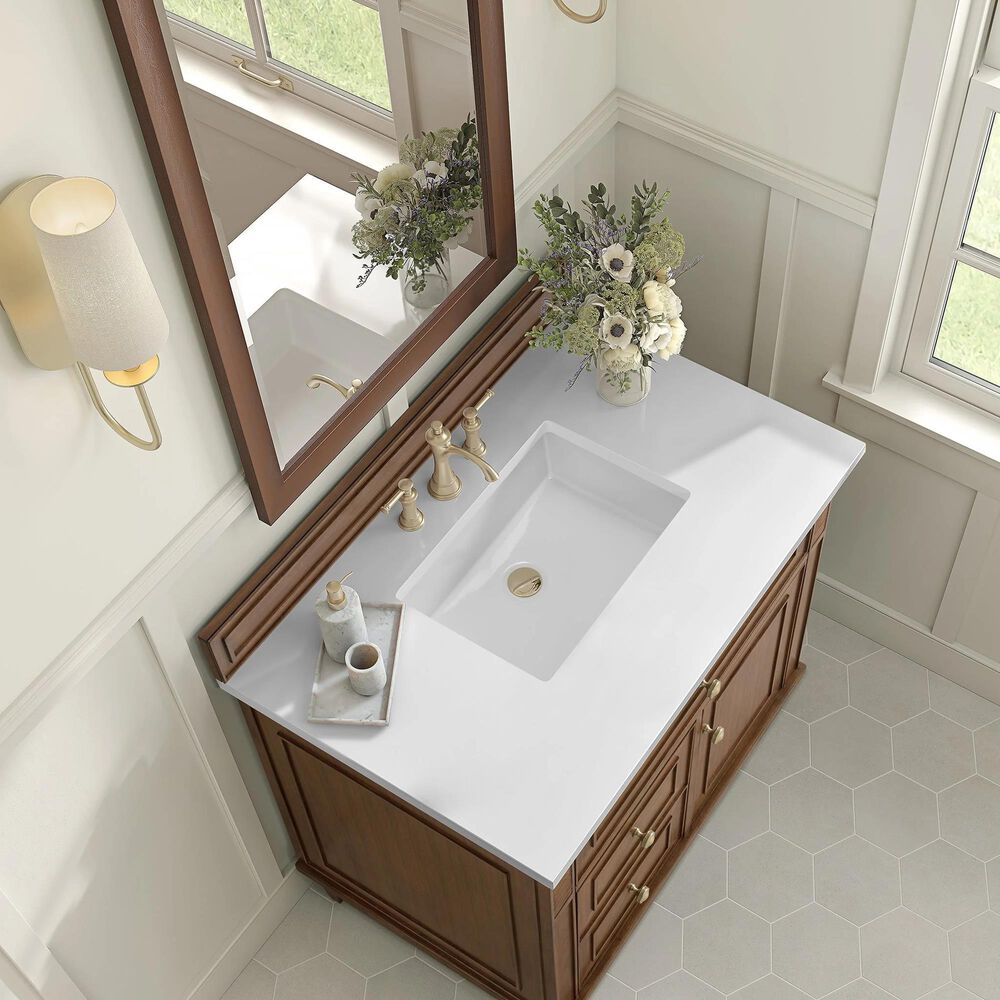 James Martin Vanities Lorelai 36&quot; Single Vanity in Mid-Century Walnut with Single Hole 3 cm and White Zeus Quartz Top &amp; Backsplash, , large