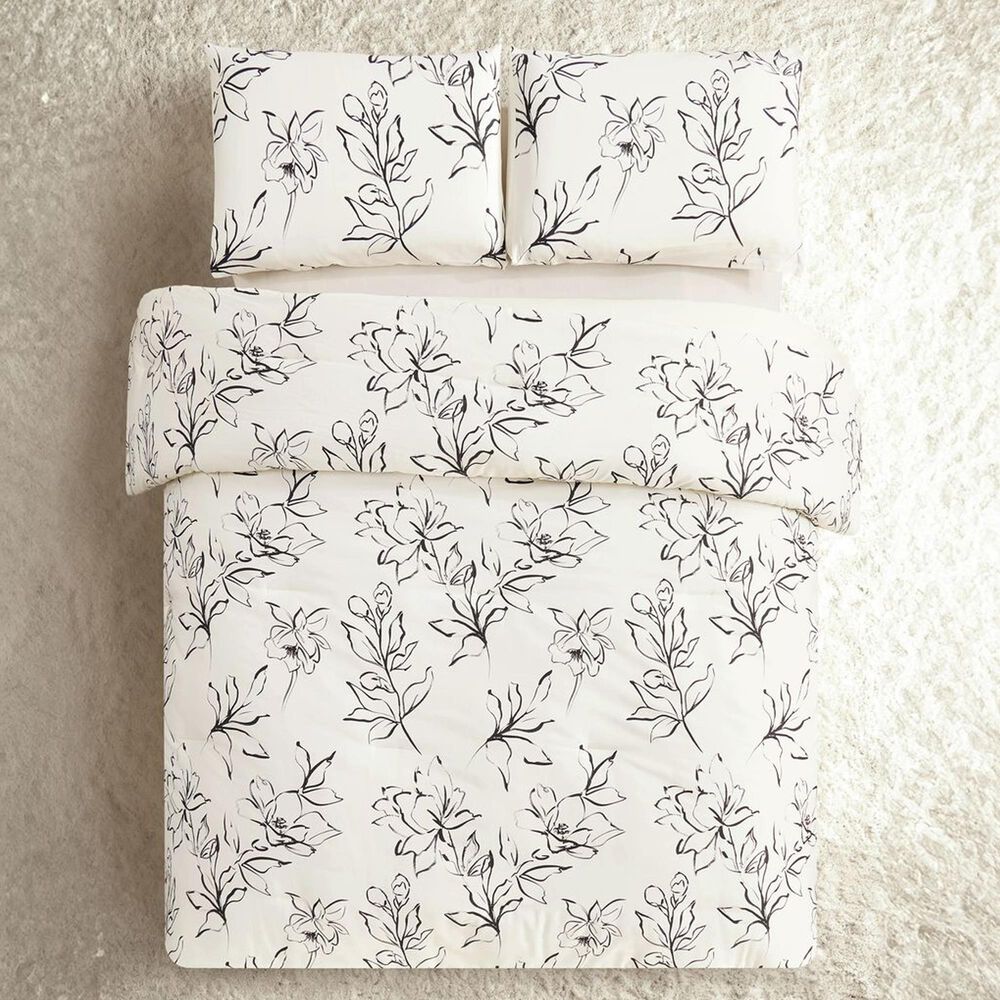 Peking Handicraft Inked Floral 3-Piece Full/Queen Comforter Set in Cream, , large