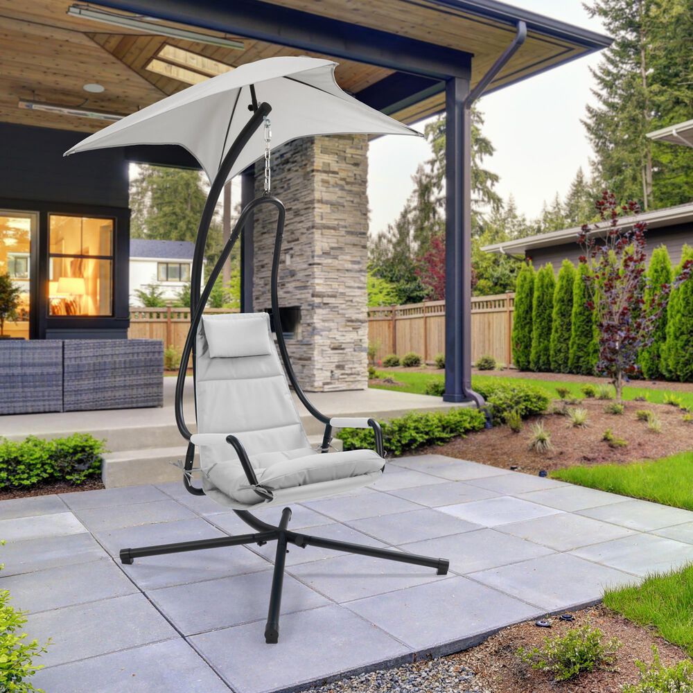 CorLiving Kingsley Chaise Lounge Chair with Canopy in Light Grey, , large