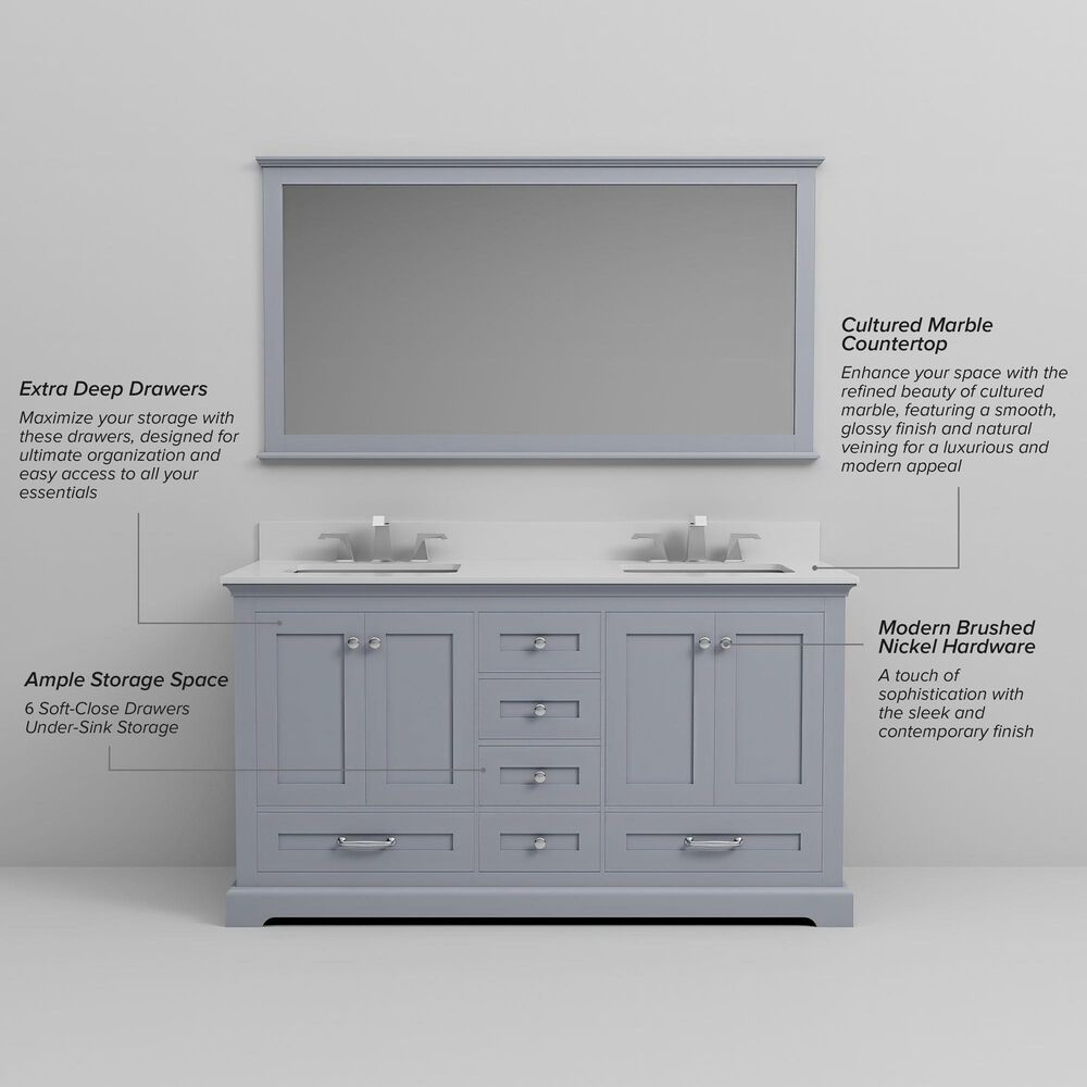 Lexora Home Dukes 60&quot; Double Bathroom Vanity in Dark Grey with White Cultured Marble Top and Rectangular Sinks, , large