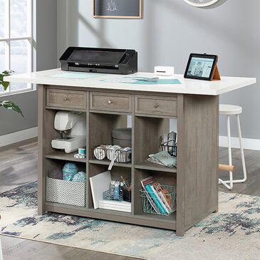 Sauder Craft Pro Work Table with Storage in White and Mystic Oak, , large