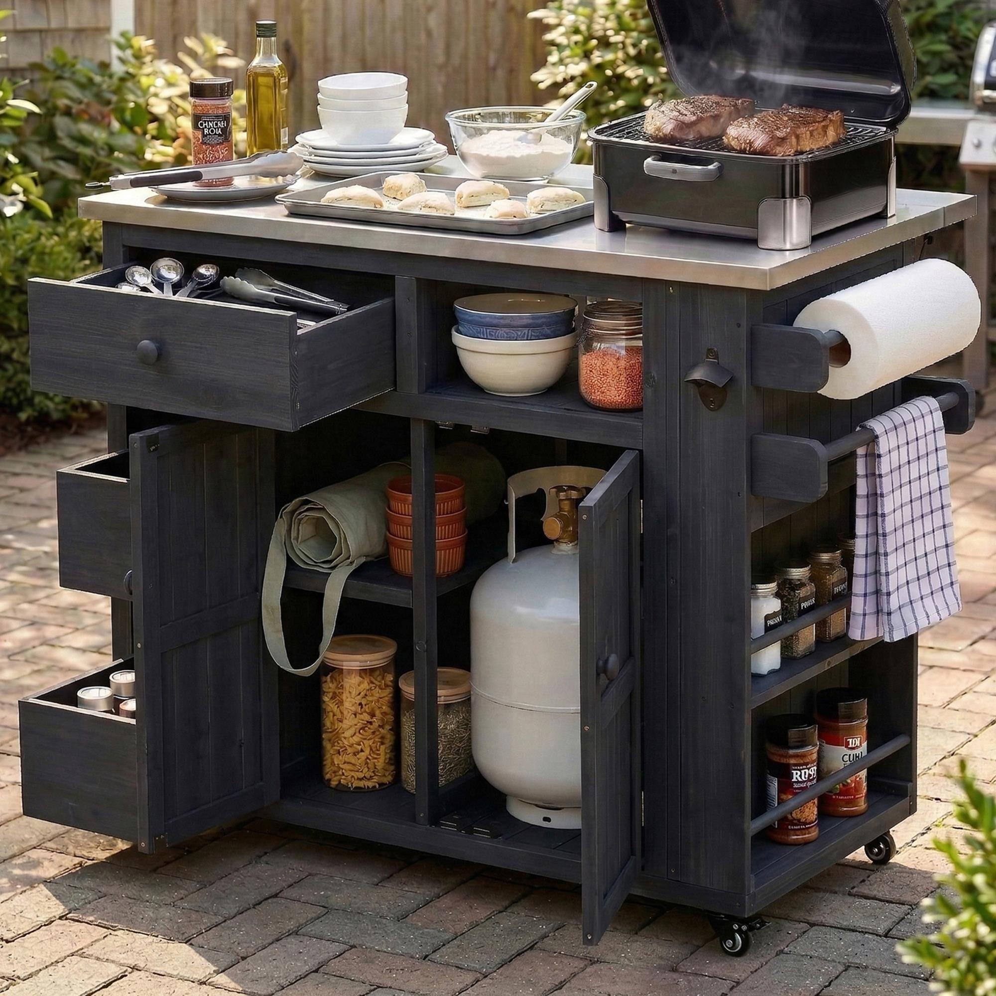 Hearth and Haven Outdoor Kitchen Island Cart with Extendable