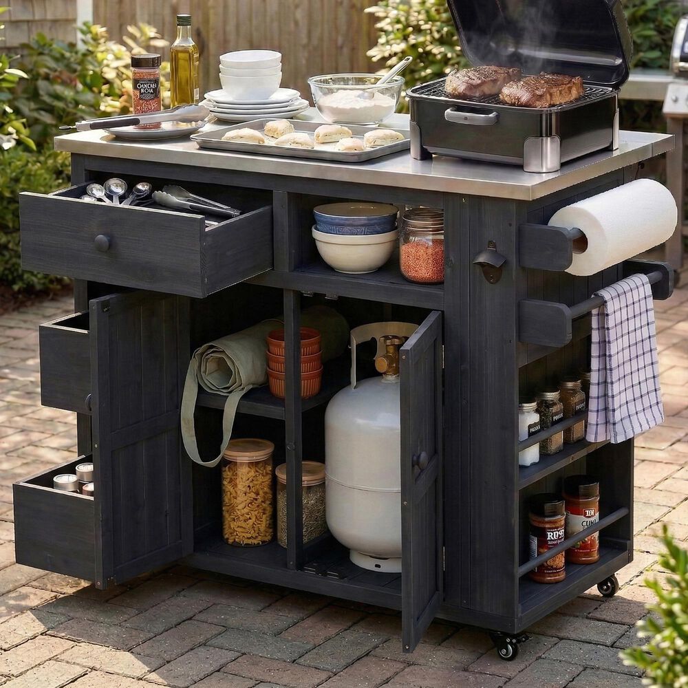 Hearth and Haven Outdoor Kitchen Island Cart with Extendable Stainless Steel Top and Adjustable Shelf in Black, , large