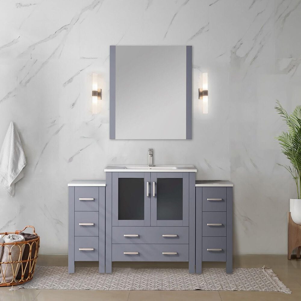 Lexora Home Volez 54&quot; Single Bathroom Vanity in Dark Grey with 2 cm White Ceramic Top, Rectangular Sink and Side Cabinets, , large