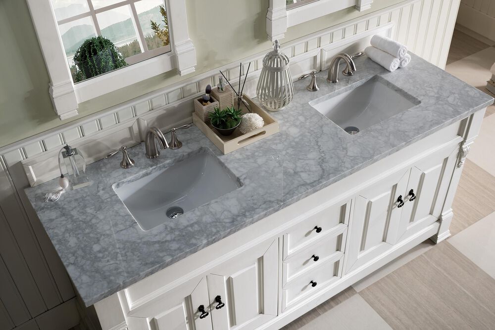 James Martin Vanities Brookfield 72&quot; Double Bathroom Vanity in Bright White with 3 cm Carrara White Marble Top and Rectangle Sinks, , large