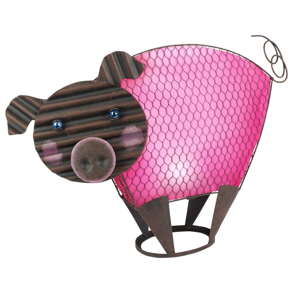 The Gerson Company 19" Solar Meadow Pig Statue in Brown and Pink, , large