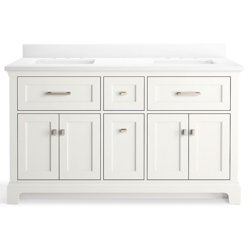 Kohler Charlemont 60&quot; Double Bathroom Vanity in White with 3 cm White Quartz Top and Rectangular Sinks, , large