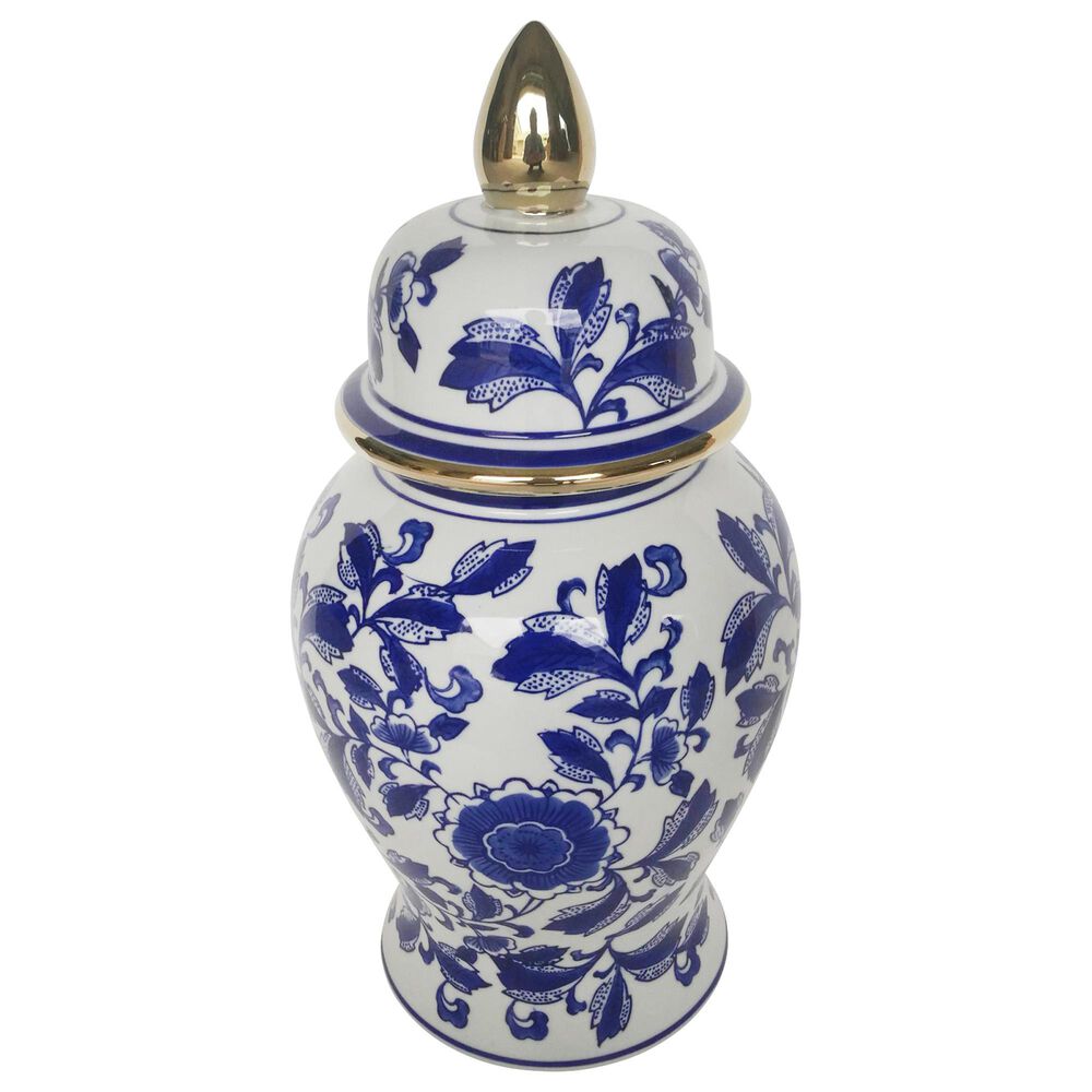 Sagebrook Home 14" Temple Jar with Rose Flower in Blue and White, , large