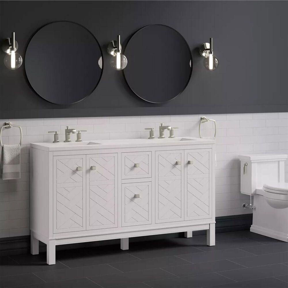 Kohler Beauxline 60" Double Bathroom Vanity in White with 3 cm Pure White Quartz Top and Rectangular Sinks, , large